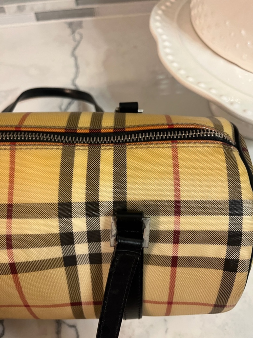 Burberry Beige Plaid Barrel Satchel with Black Trim - Picture 9 of 13